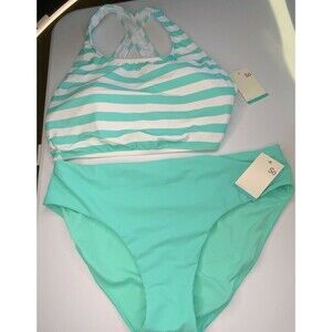 SO Bikini Bathing Suit Swimwear Mint Green White Stripe JR's Plus Size 0X NEW